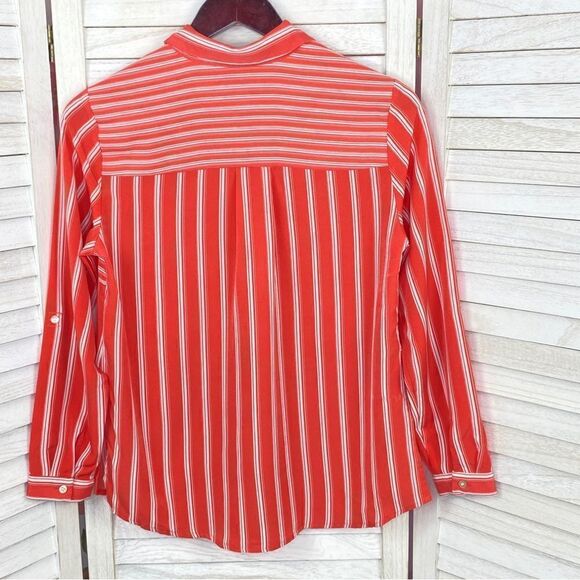 Charter Club Multi Stripe Pattern Block Button Front Blouse Coral White SP - Picture 7 of 11